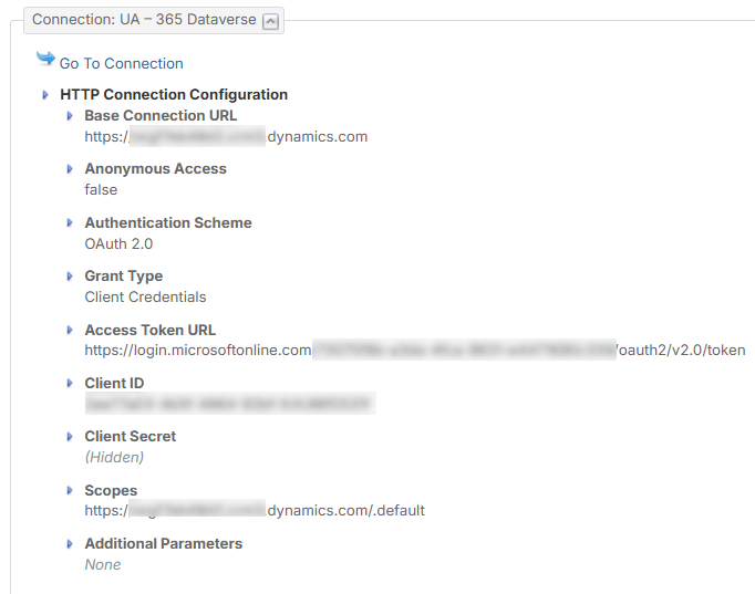 HTTP Connection configuration showing OAuth client credentials fields for Microsoft Dynamics Dataverse.