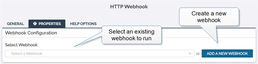 The Webhook Configuration panel showing the Select Webhook dropdown.