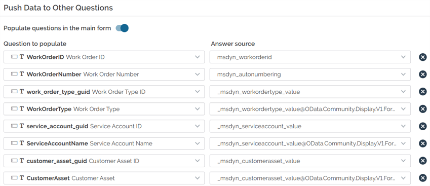 Push Data to Other Questions configuration for the Select Work Order question.