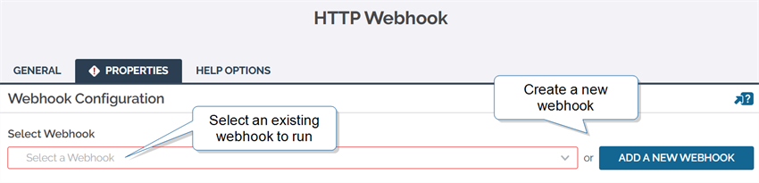 The Webhook Configuration panel showing the Select Webhook dropdown.