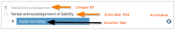 Screenshot of an audio question type in the form builder, showing the unique ID italicized at the top left, restrictions on the right, question text, and question type beneath the unique ID.