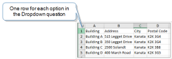 A sample Data Source that lists buildings and their address information. The Building column supplies the options in the dropdown. When a user selects a building, the Address, City, and Postal Code in the same Data Source row push to those questions.