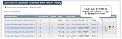 The version history of a Construction Equipment Inspection form. Six versions are visible. Hovering over a version reveals the options to copy or delete the version.