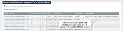 The version history of a Construction Equipment Inspection form. One version has a note from the Form Designer. The note says the designer added a new section to enter vehicle makes and models.
