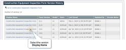 The version history for a Construction Equipment Inspection form. Six versions are visible.